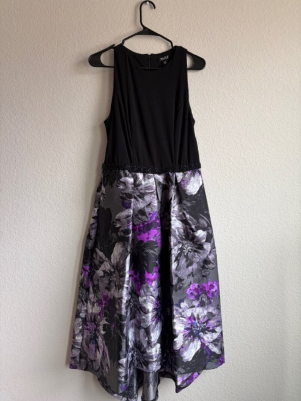 SLNY Womens SZ 10 Black High-Low Floral-print Beaded Cocktail Dress Wedding - Picture 2 of 9